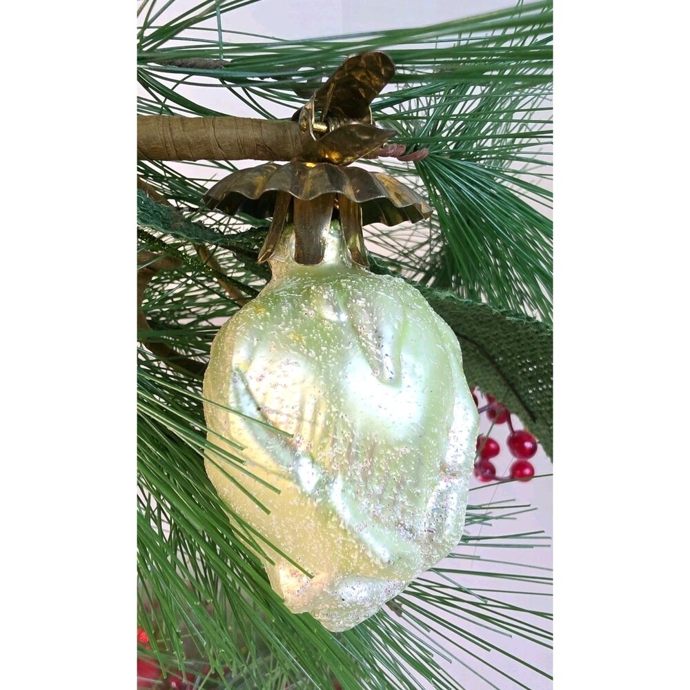 Vintage Glass Pinecone Clip on Christmas Ornament 3” White Glitter